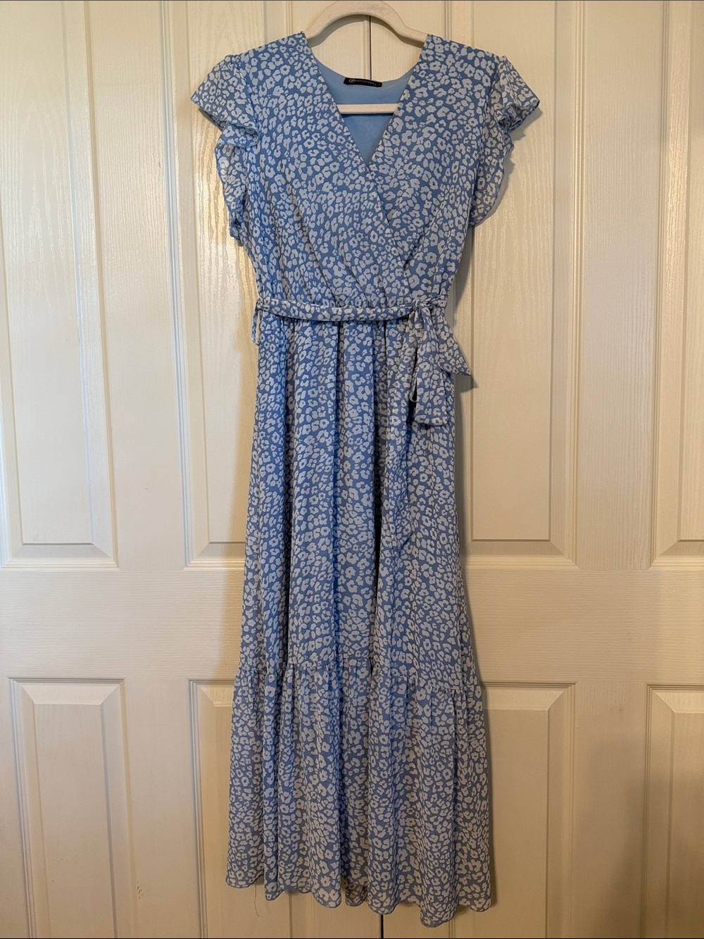 Light Blue Floral Wrap Maxi Dress with Tie Waist
